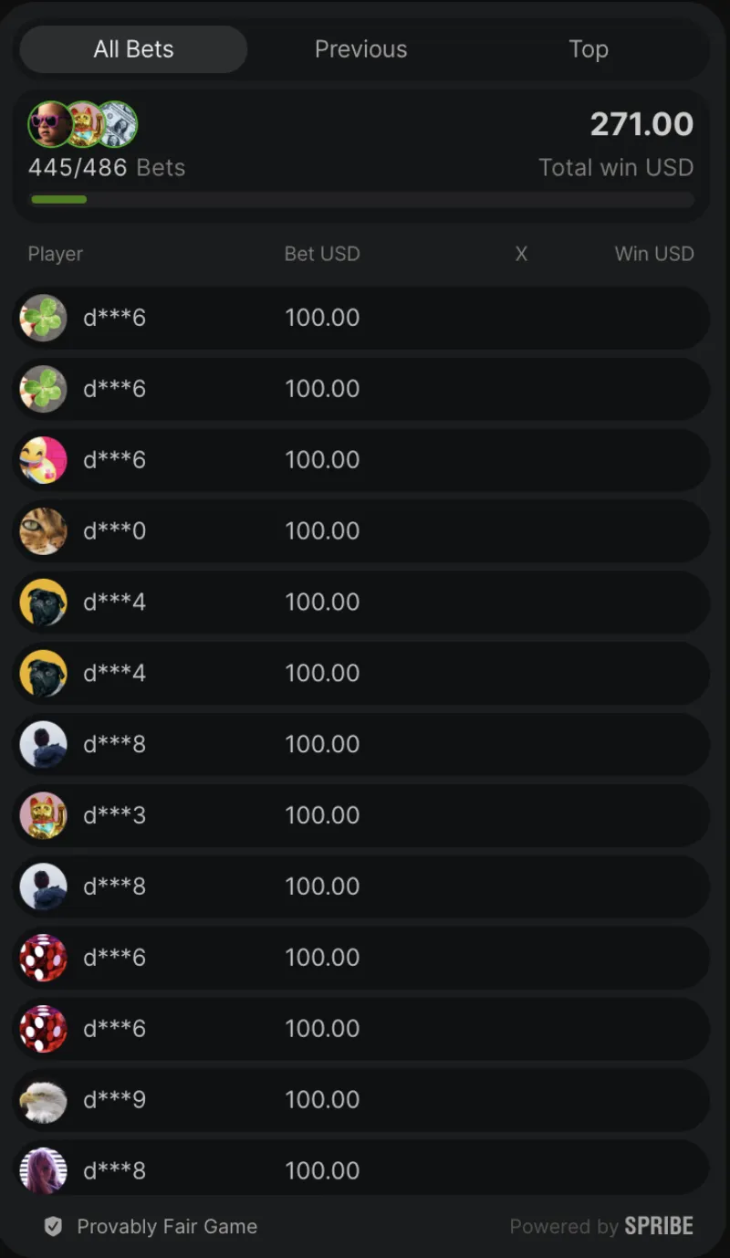Panneau All Bets montrant la liste de tous les paris en cours