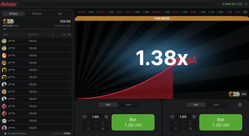 Interface complète du jeu Aviator sur ordinateur avec multiplicateur et panneaux de paris