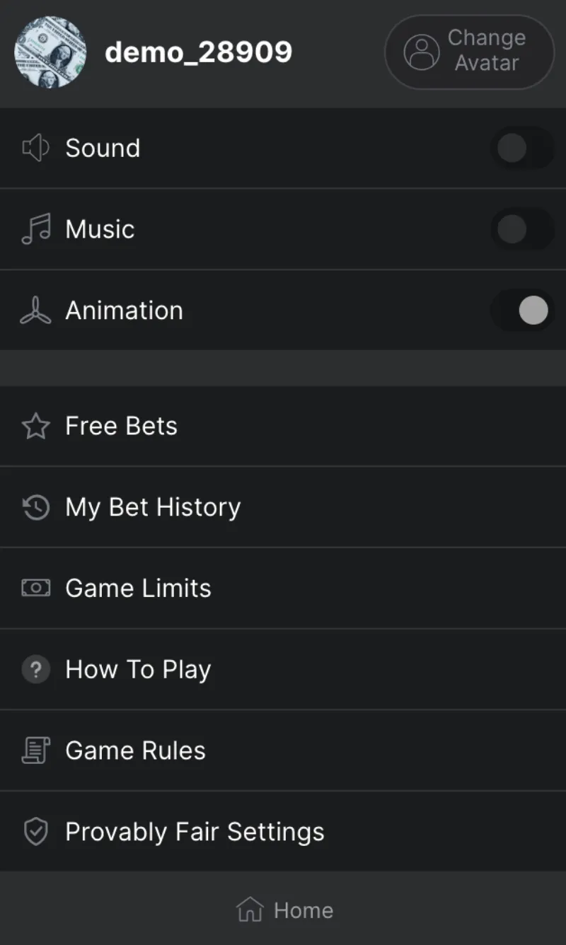 Menu des paramètres du jeu Aviator avec options son, musique et règles