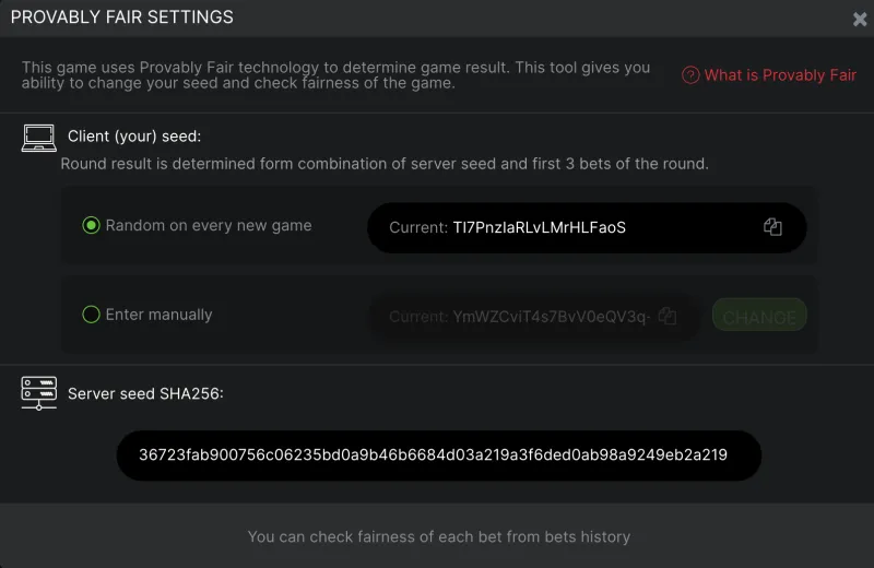 Paramètres Provably Fair d'Aviator montrant le seed client et le hash du seed serveur